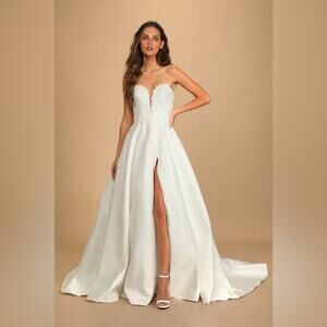 Lulus Now and Always White Beaded Embroidered Strapless Gown